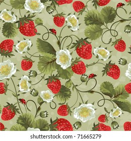 Seamless background with a strawberry and ladybirds