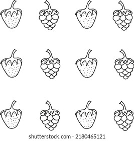 Seamless background with strawberry and raspberry drawn with black marker on a white paper. Beautiful fruits background.