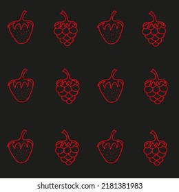 Seamless background with strawberry and raspberry drawn with red marker on a black paper. Beautiful fruits background.