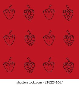 Seamless background with strawberry and raspberry drawn with black marker on a red paper. Beautiful fruits background.