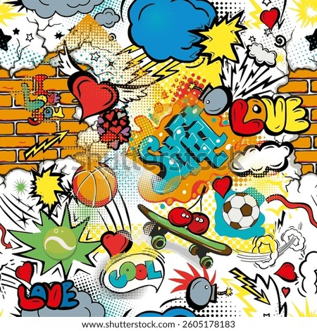 Seamless background street graffiti. hand drawing. Not AI, Vector illustration