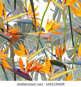 Seamless background with Strelitzia Reginae orange tropical flower bouquets vector set isolated on white. Green leaves, orange and violet blossom design set. Vector illustration, EPS 10