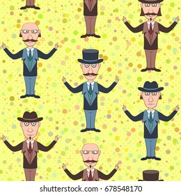 Seamless Background with Strict Slender Gentleman in Glasses, Hat and Business Suit, Funny Cartoon Characters. Tile Illustration for Your Design. Vector