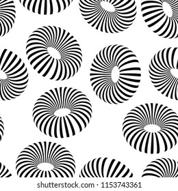 seamless background of striped 3D shapes and spirals. Psychedelic optical effect