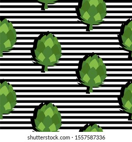 Seamless background with stripes and artichokes with dark shadow. Vector illustration design for template.