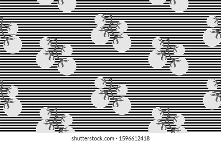 Seamless background with stripes and cherry tomatoes. Vector monochromatic illustration design for template.