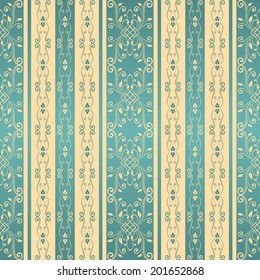 Seamless background with stripes for design in beige and blue colors. Retro styled damask pattern. Vector Illustration.