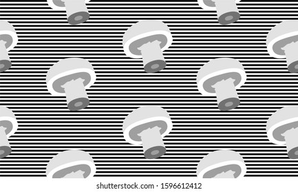Seamless background with stripes and mushrooms. Vector monochromatic illustration design for template.