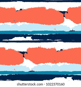 Seamless Background with Stripes Painted Lines. Texture with Horizontal Dry Brush Strokes. Scribbled Grunge Pattern for Cloth, Swimwear, Textile. Trendy Vector Background