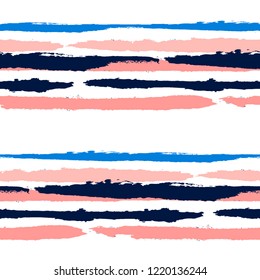 Seamless Background with Stripes Painted Lines. Texture with Horizontal Dry Brush Strokes. Scribbled Grunge Rapport for Cloth, Swimwear, Textile. Retro Vector Background