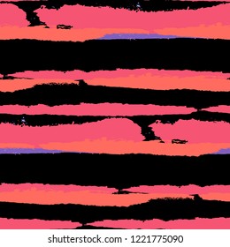 Seamless Background with Stripes Painted Lines. Texture with Horizontal Dry Brush Strokes. Scribbled Grunge Pattern for Cloth, Swimwear, Textile. Retro Vector Background