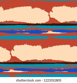 Seamless Background with Stripes Painted Lines. Texture with Horizontal Dry Brush Strokes. Scribbled Grunge Motif for Linen, Fabric, Textile. Retro Vector Background