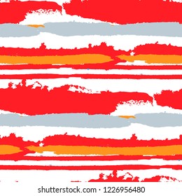 Seamless Background with Stripes Painted Lines. Texture with Horizontal Brush Strokes. Scribbled Grunge Pattern for Cloth, Swimwear, Textile. Retro Vector Background