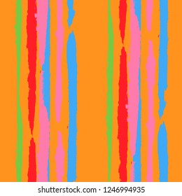 Seamless Background with Stripes Painted Lines. Texture with Vertical Dry Brush Strokes. Scribbled Grunge Pattern for Cloth, Swimwear, Textile. Retro Vector Background