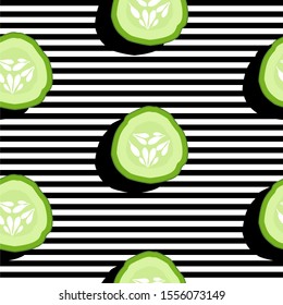 Seamless background with stripes and slice cucumbers with dark shadow. Vector illustration design for template.