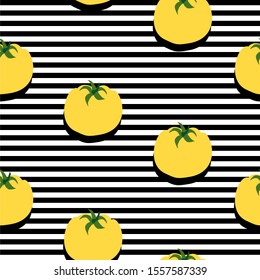Seamless background with stripes and yellow tomatoes with dark shadow. Vector illustration design for template.