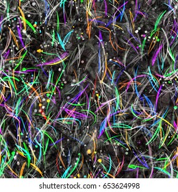 Seamless background. Strokes and small stains. Magic texture with fur and shiny sequins. Abstract vector pattern for fabric, wrapping, home decor.