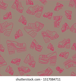 Seamless background. Stylish and fashionable pattern of fashionable and stylish boots. Sketch. Vector illustration of a coloring book. Background. Shoes shoes shoes scattered compositionally