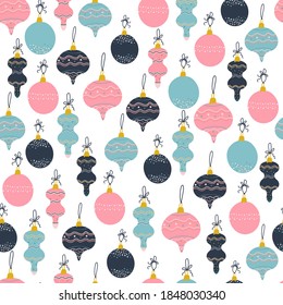 Seamless background with a stylish image of Christmas tree decorations. Stylish minimalistic design. Contemporary colors. Printing on fabric, wallpaper, paper. Vector graphics, doodle illustration.