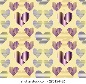 Seamless background of stylish patchwork hearts. Beautiful romantic pattern. Purple, yellow, sand colors. Vector illustration for various creative projects