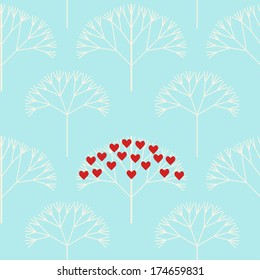 Seamless background with stylish trees and hearts. Vector pattern for web-design, textile, graphic design. Valentine's day background 
