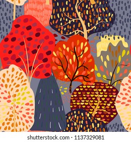 Seamless background with stylized autumn trees. Forest bright pattern.