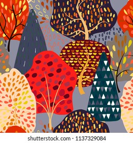 Seamless background with stylized autumn trees. Forest bright pattern.