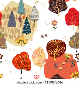 Seamless background with stylized autumn trees. Forest bright pattern.