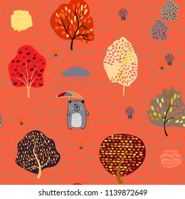 Seamless background with stylized autumn trees. Forest bright pattern.