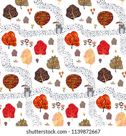 Seamless background with stylized autumn trees. Forest bright pattern.