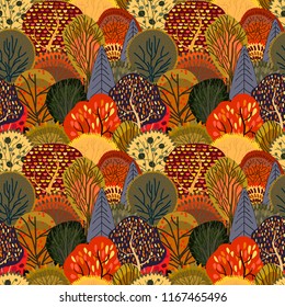 Seamless background with stylized autumn trees. Forest bright pattern.