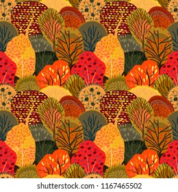 Seamless background with stylized autumn trees. Forest bright pattern.