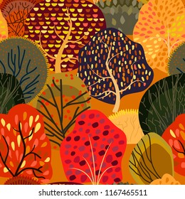 Seamless background with stylized autumn trees. Forest bright pattern.