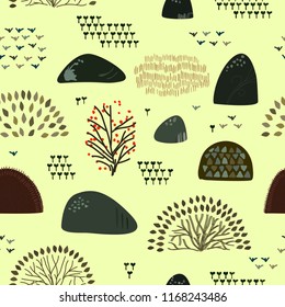 Seamless background with stylized autumn trees. Forest bright pattern.