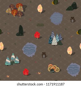 Seamless background with stylized autumn trees. Forest bright pattern.