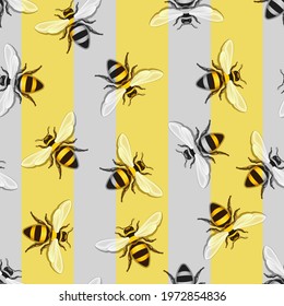 Seamless background. Stylized bees on a background of yellow and gray stripes. The stripes change the color of the bees.