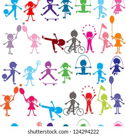 Seamless background with stylized colored kids playing
