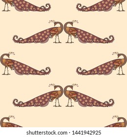 Seamless background of stylized decorative peackoks
