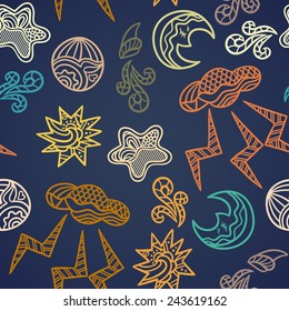 Seamless background with stylized elements of the weather. Weather background. Hand drawn ornaments. Doodles. 