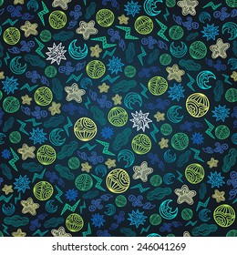 Seamless background with stylized elements of the weather. Weather background. Hand drawn ornaments. Doodles. 