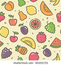 Seamless background with stylized illustrations of fruits and berries