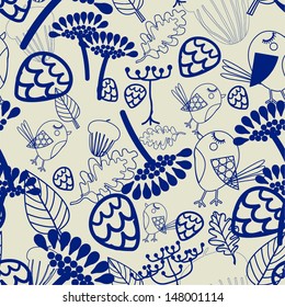 Seamless background with stylized leafs, herbs and flowers in blue colors