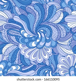 Seamless background with stylized of leaves and flowers in blue colors