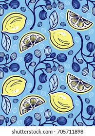 Seamless background with stylized lemons and grapes. Hand drawn vector Illustration