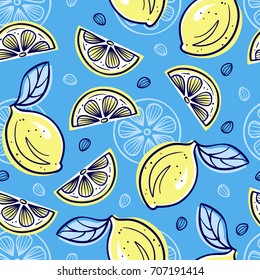 Seamless background with stylized lemons. Hand drawn vector Illustration