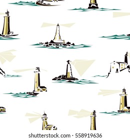 Seamless background of stylized lighthouses with rays of light and waves.