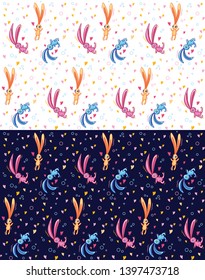 Seamless background with stylized rabbits and hares with hearts on dark blue and white background, Wallpaper for kids