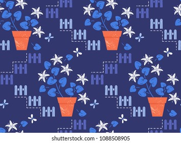 Seamless background with stylized succulents and small butterflies. Hand drawn vector illustration