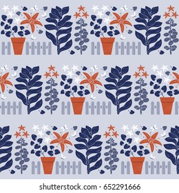Seamless background with stylized succulents and small butterflies. Hand drawn vector illustration