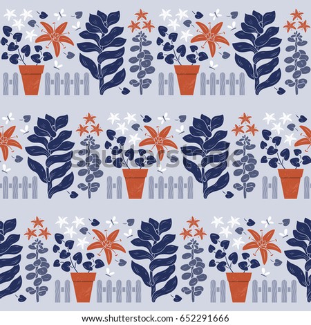 Seamless background with stylized succulents and small butterflies. Hand drawn vector illustration